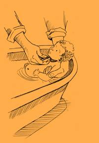 Illustration of baby being given a bath
